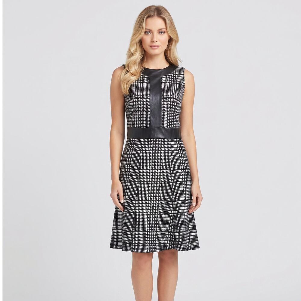 J. McLaughlin Kent Houndstooth Dress XS Black White Faux Leather Trim Fit Flare